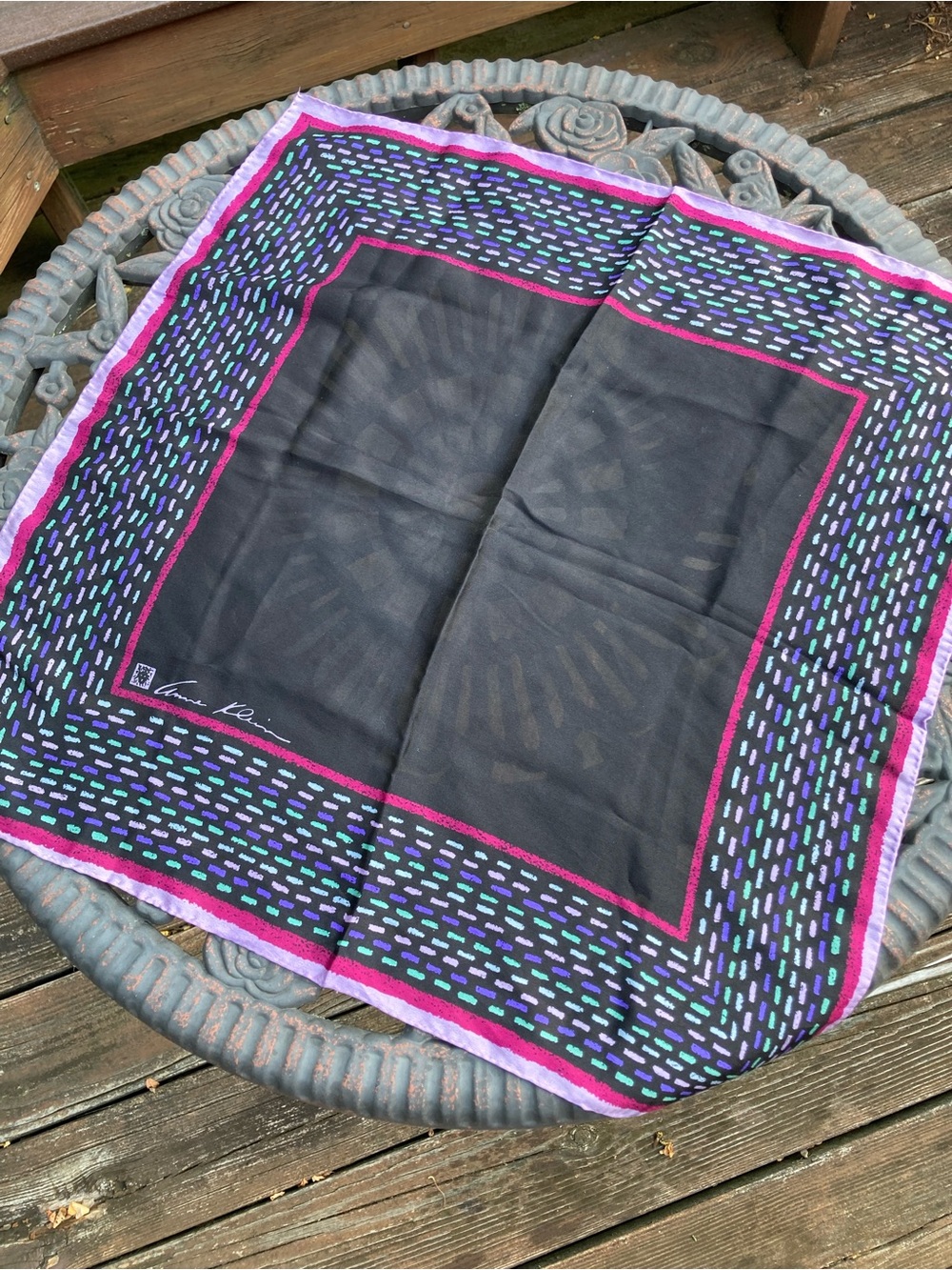Vintage 100% Silk Anne Klein Black Square Scarf with Purple Teal Accent Border